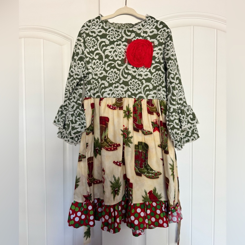 Boutique Handmade Adorable Cowgirl Christmas ruffle sleeve Dress 5